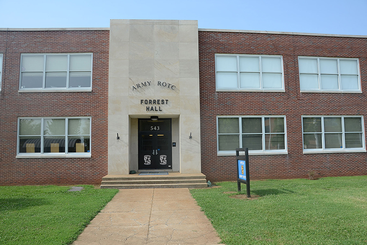 Built in 1954 and dedicated in 1958, Forrest Hall houses MTSU’s Army ROTC program. It was named in honor of Nathan Bedford Forrest, a slave trader and a Confederate general during the Civil War who was later believed to be the first Grand Wizard of the Ku Klux Klan. (MTSU file photo by Jimmy Hart)