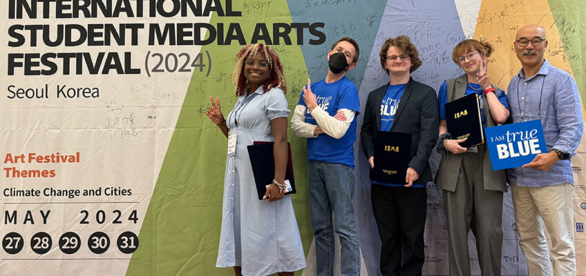 Six animation students from Middle Tennessee State University's College of Media and Entertainment won the award for "Best Animation Comedy" at the International Student Media Arts Festival in Seoul, South Korea. Pictured from right to left, Dani Oliver, Animation rofessor Kevin McNulty, Ashten Royse, Olivia Armstrong and Dr. Guanping Zheng traveled to Seoul for the fifth International Student Media Arts Festival May 27-31, 2024. (Photo by Kevin McNulty)