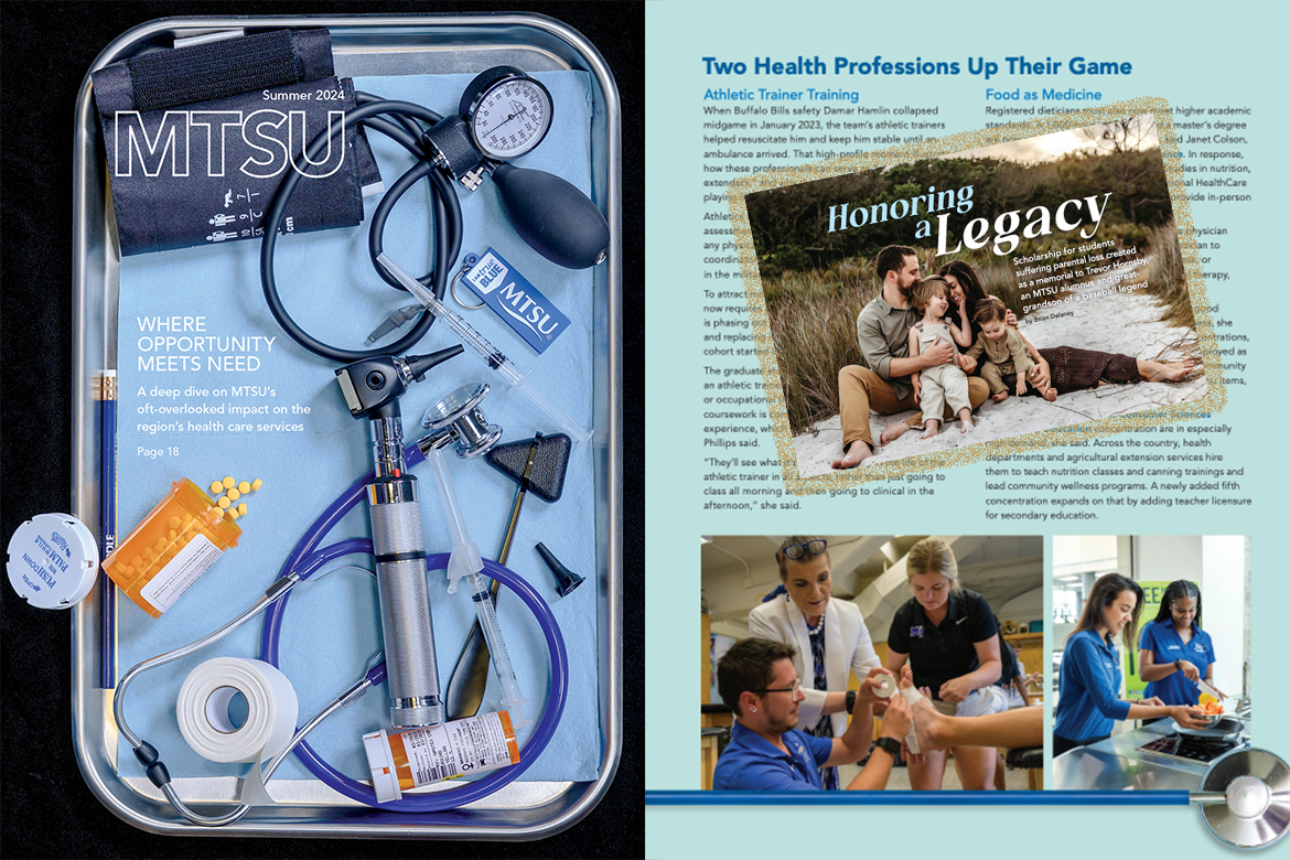 Collage of MTSU magazine cover and inside pages and images