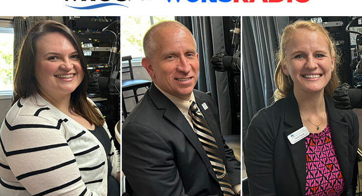 Middle Tennessee State University representatives appeared on the July 15 WGNS Radio’s “Action Line” program from the station’s studio in downtown Murfreesboro, Tenn. Pictured, from left in order of appearance, are Dr. Jennifer Stewart with the Tennessee Center for the Study and Treatment of Dyslexia; Dr. Richard Tarpey, director of the new Center for Supply Chain Management and Sustainability; and Carly Escue, new director of Executive Education in the Jones College of Business. (MTSU photo illustration by Nancy DeGennaro)
