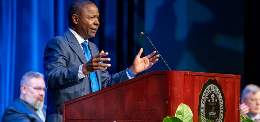 Middle Tennessee State University President Sidney A. McPhee gives his State of the University Address at the 2024 Fall Faculty and Staff Meeting held Thursday, Aug. 22, inside Tucker Theatre on the MTSU campus in Murfreesboro, Tenn. MTSU’s fall semester begins Monday, Aug. 26, with the start of classes. (MTSU photo by Andy Heidt)