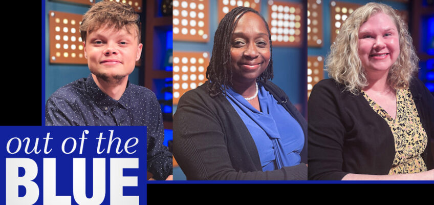 The August 2024 edition of “Out of the Blue,” the television magazine program featured, from left in order of appearance, Middle Tennessee News student reporter Jayce Standridge, Dr. Michelle Stevens, director of the Center for Fairness, Justice and Equity, and Dr. Mary Beth Asbury, professor and chair of the Department of Communication Studies. (MTSU photo illustration by Joe Poe)