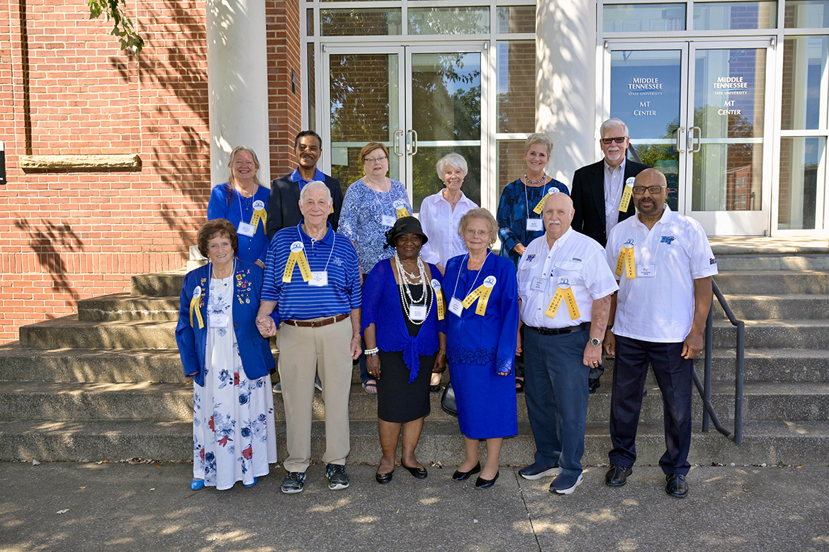 Middle Tennessee State University celebrated Golden Raiders from the Classes of 1974 and older Friday, Sept. 20, in the Ingram Building on Middle Tennessee Boulevard in Murfreesboro, Tenn. Alumni included front row, from left, Jane Holt McCalmont, Bill Crawford, Phyllis Hickerson Washington, Joyce Vaughn, Jerry Hill, Billy E.O. Hardison; and back row, from left, Deborah DeRosier Lasseter, Charles L. Weir, Loretta Wilson, Sue Ann Marlin Johnson, Milbrey Bercik Campbell, Tommy Campbell. (MTSU photo by Andy Heidt)