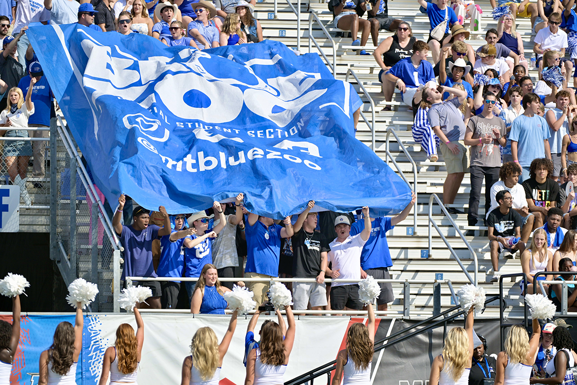 whoop it up while cheering on the Blue Raiders in the Saturday, Sept. 21, Homecoming Game against the visiting Duke Blue Devils, who prevailed 45-17. (MTSU photo by Andy Heidt)
