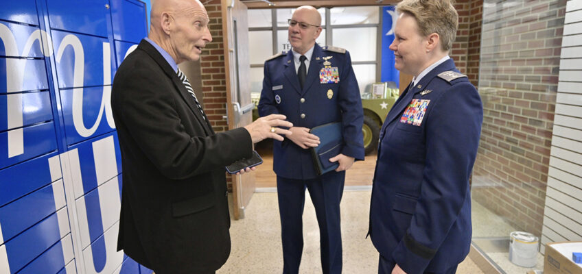 Maj. Gen. Regena Aye, right, Civil Air Patrol’s national commander, and Col. Jeff Garrett, center, commander of CAP’s Southeast Region, speak with retired Army Lt. Gen. Keith Huber, MTSU’s senior adviser for veterans and leadership initiatives, about the Charlie and Hazel Daniels Veterans and Military Center during Aye’s visit to MTSU’s campus in Murfreesboro, Tenn. (MTSU photo by Andy Heidt)