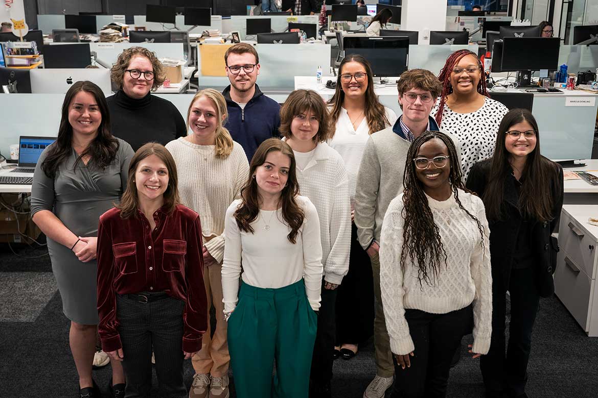 Middle Tennessee State University School of Journalism students Shauna Reynolds, back left, Brianna Sorrell, back right, and Hannah Carley, front left, were among 12 students from universities across the state of Tennessee who participated in The Tennessean's second annual Journalism Academy Jan. 7-9, 2025, at the newspaper’s downtown Nashville office. (Photo submitted)