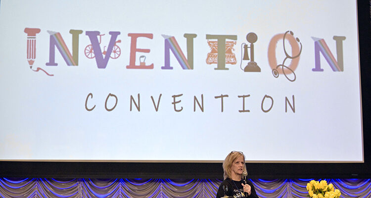 Middle Tennessee State University College of Education professor Tracey Huddleston, organizer of the annual Tennessee Invention Convention hosted on MTSU campus in Murfreesboro, Tenn., speaks to students and parents during the elementary school portion of the convention held Thursday, Feb. 20, inside the Student Union Ballroom. (MTSU photo by Andy Heidt)