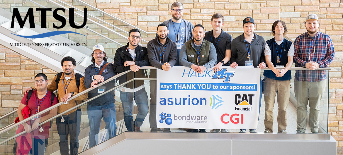The 11-member “FaceOff” team earned first-place honors Sunday, Feb. 2, during the 10th annual Middle Tennessee State University Computer Science Department HackMT in the MTSU Science Building on campus in Murfreesboro, Tenn., wrapping up 36 nonstop hours of students teaming up to collaborate on apps and other projects. (MTSU photo by Cat Curtis Murphy)