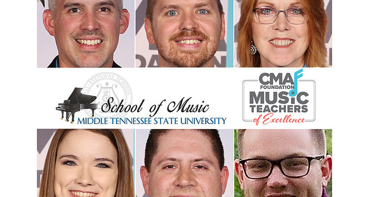 photos of MTSU School of Music alumni John David Hazlett, Michael Holland, Susan Waters, Anna Laura Williams, Ben Zolkower and Carter Noblin. The first 5 received 2019 Music Teachers of Excellence awards from the CMA Foundation, and Noblin was named 2019 Outstanding Young Music Educator by the Tennessee Music Educators Association.