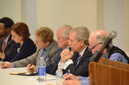Members of the Forrest Hall Task Force listen to resident remarks during a public forum held Feb. 24 at the Lane Agre-Park in west Murfreesboro. (MTSU photo by Jimmy Hart)