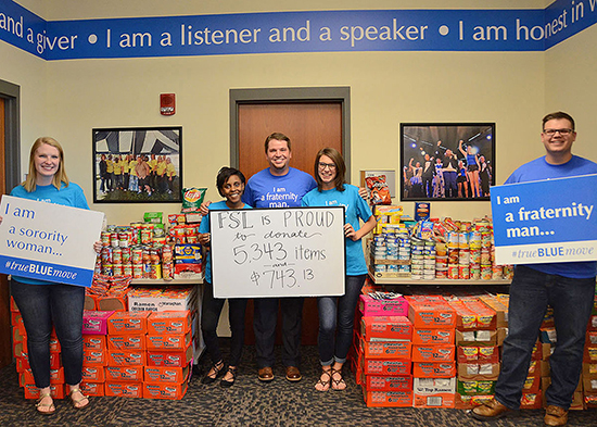 Members of MTSU’s Fraternity and Sorority Life display donations collected and stored at the Student Union during a recent food drive in support of the Student Food Pantry. Pictured, from left to right, are Hannah Leyhew, Panhellenic Council president, Jordan Gustus, National Panhellenic Council liaison, Thomas Denney, Interfraternity Council president, Shalayna Hoekstra, Greek Week chair, and Jake West, Greek Week committee member. (MTSU photo by Jayla Jackson)