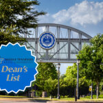 image of MTSU’s pedestrian bridge in summer connecting the Student Union and the Student Services and Admissions Center with the MTSU Dean’s List badge superimposed onto it (MTSU file photo by J. Intintoli)