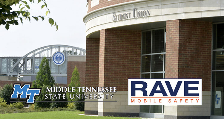 File summer image with the MTSU Student Union in the foreground and the pedestrian bridge over Blue Raider Boulevard in the background. The MT and Rave Mobile Safety logos are superimposed onto the photo. (MTSU file photo by J. Intintoli)