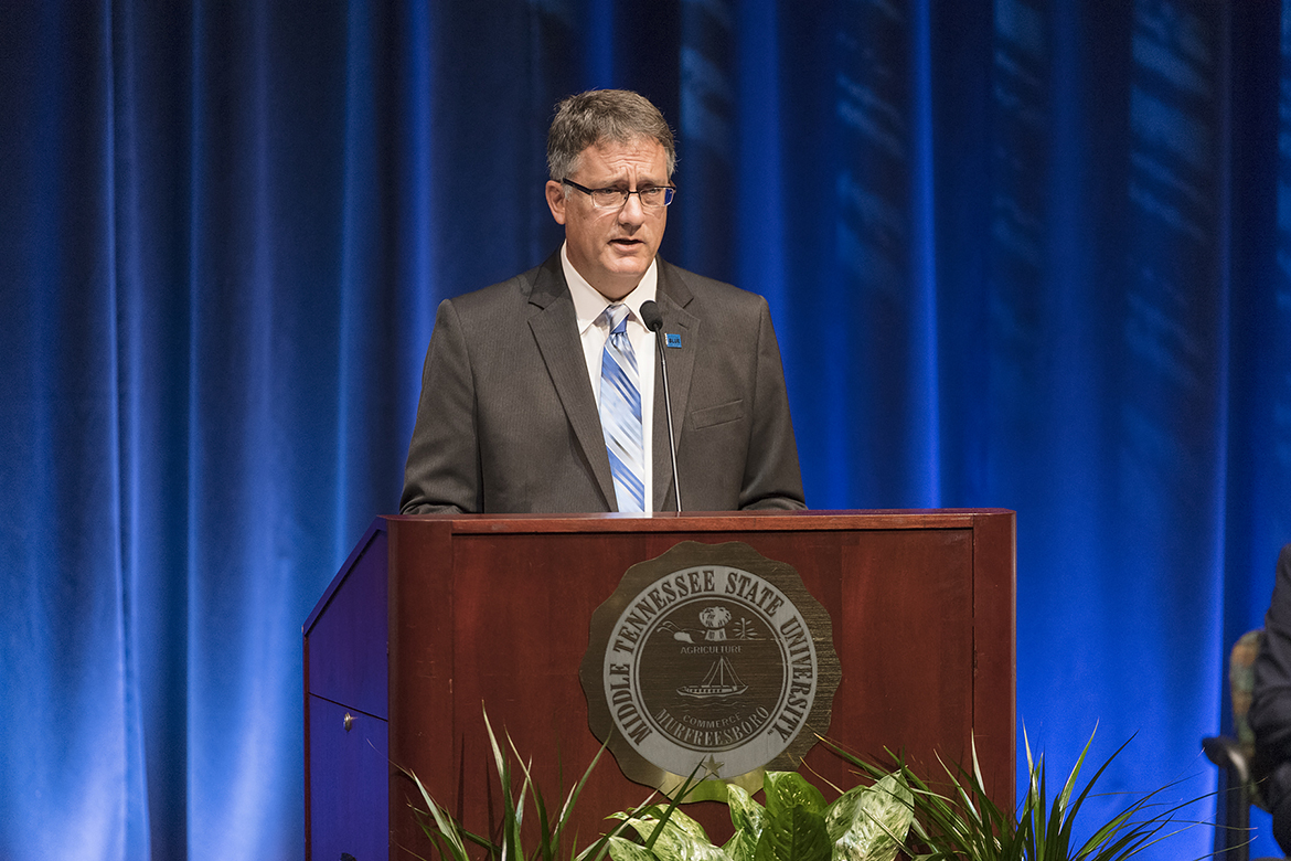 MTSU interim University Provost Mark Byrnes makes remarks Thursday, Aug. 24, at the Fall Faculty Meeting inside Tucker Theatre. MTSU President Sidney A. McPhee is recommending to the Board of Trustees that Byrnes be permanently appointed to the position of provost and chief academic officer. An MTSU alumnus, Byrnes is former dean of the College of Liberal Arts and has served as interim provost since April 2016. (MTSU photo by Andy Heidt)