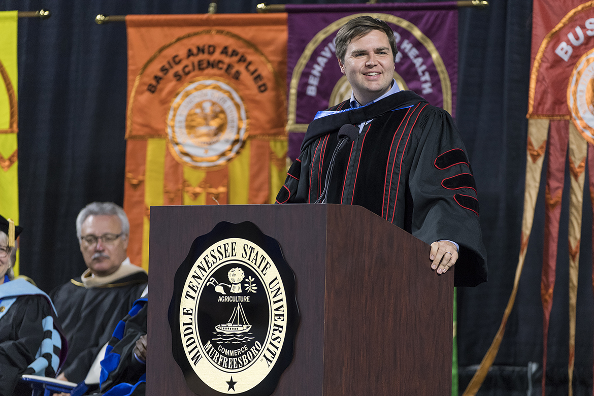 J.D. Vance, author of "Hillbilly Elegy," the 2017 Summer reading selection, speaks Saturday, Aug. 26, at MTSU’s Convocation inside Murphy Center. (MTSU photo by Andy Heidt)