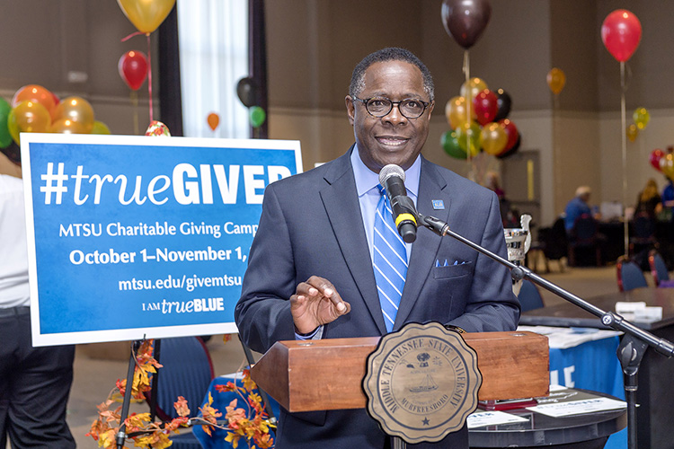 MTSU President Sidney A. McPhee speaks at the 2017 MTSU Charitable Giving Campaign Kickoff on Wednesday, Sept. 27, during the Employee Benefits Fair inside the James Union Building. (MTSU photo by J. Intintoli)