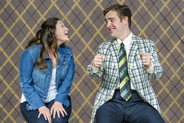 MTSU junior Dallas Boudreaux, left, of Knoxville jokes with castmate Donovan Hughes, a junior from Memphis, as the pair rehearses for the MTSU Theatre production of the Pulitzer Prize-winning play “How I Learned to Drive.” Performances are set Oct. 5-8 and Oct. 10-13 in the Deborah K. Anderson Studio Theatre inside the Boutwell Dramatic Arts Building on campus, and tickets are available at http://www.mtsuarts.com. (MTSU photo by J. Intintoli)