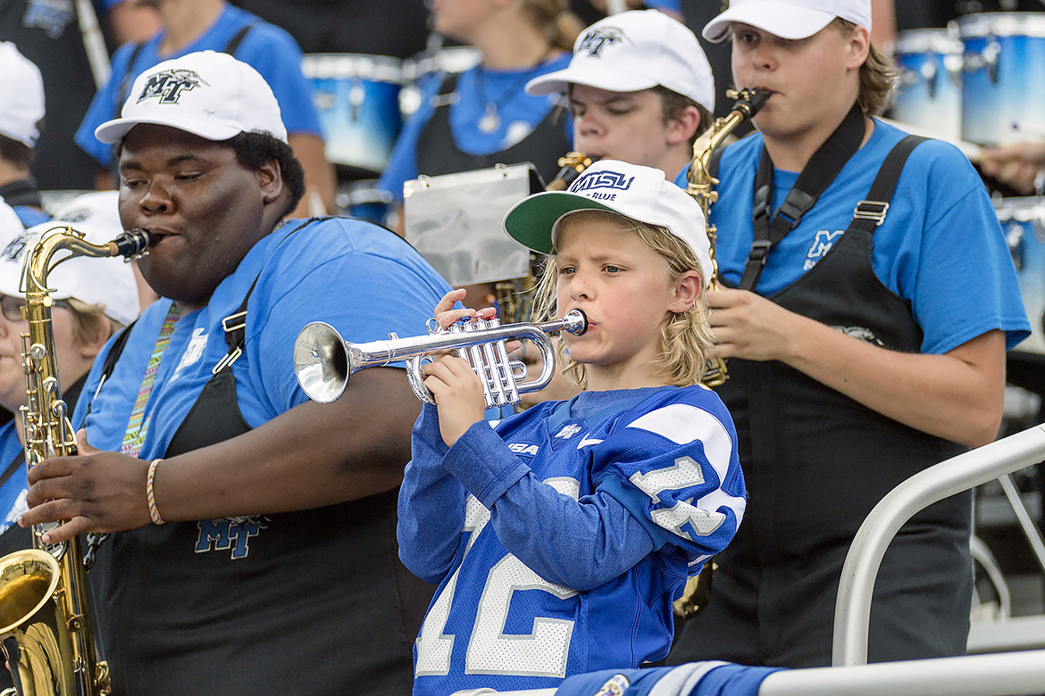 Young music enthusiast joins MTSU Band of Blue.