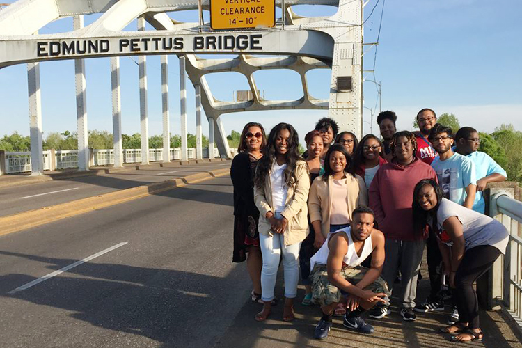 MTSU students gather on the historic Edmund Pettus Bridge in Selma, Alabama, for a photo during a spring 2016 trip to civil rights sites in Alabama organized by the universty's Africana Studies Program. (Photo courtesy of MTSU Africana Studies Program)