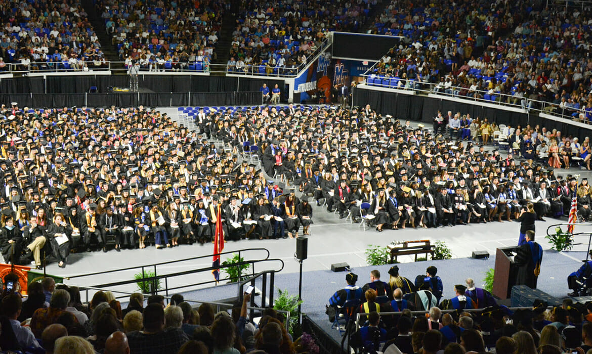 Murphy Center panoramic shot during MTSU May 6, 2017, afternoon commencement ceremony. (GradImages photo — MTSU May 6 Afternoon 2017-45)