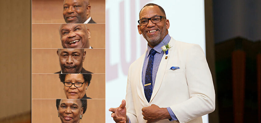 Kevin Douglass Greene, descendant of former slave and abolitionist Frederick Douglass, and community honorees at MTSU's 2018 Unity Luncheon Feb. 15 in the Student Union Ballroom. (MTSU photo by Andy Heidt)
