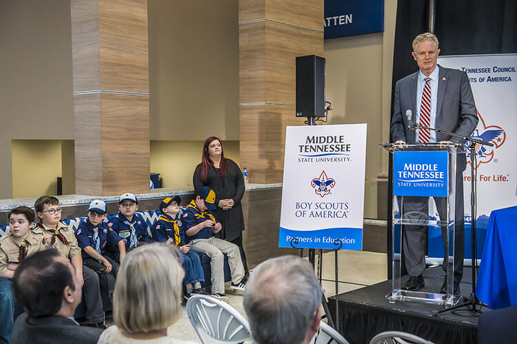 Larry Brown, CEO of the Middle Tennessee Council of the Boy Scouts of America, expresses thanks for the partnership signed Wednesday, March 7, between the university and the Council that allows MTSU to become a greater resource for scouting programs, particularly in science and technology. (MTSU photo by Eric B. Sutton)
