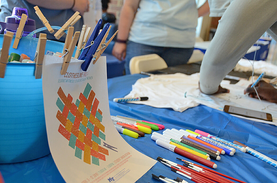 MTSU students stop by the Student Union atrium April 9 to write messages on T-shirts as part of the university’s participation in The Clothesline Project, an annual nationwide project to combat sexual assault. MTSU students can stop by the atrium from 11 a.m. to 2 p.m. through April 12. (MTSU photo by Jimmy Hart)