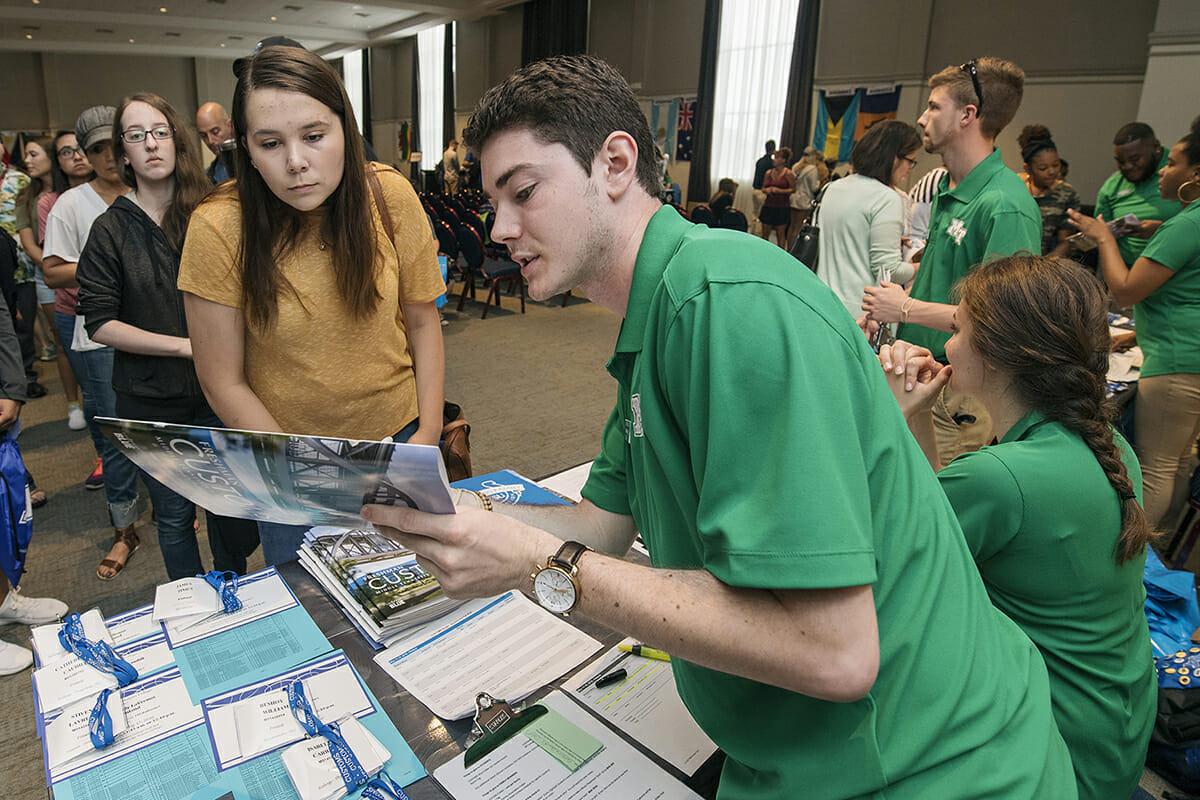 Now an MTSU sophomore, Meghan Wassom of Murfreesboro received helpful information from Matt Vining, an MTSU junior marketing major and Student Orientation Assistant, last May during the first day of freshman orientation for students starting at MTSU in August 2018. Orientation for transfer students is underway and will begin May 16-17 for freshmen. (MTSU file photo by Andy Heidt)