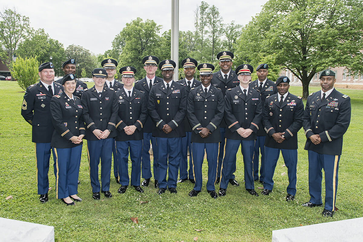 Newly commissioned U.S. Army second lieutenants and the military science faculty