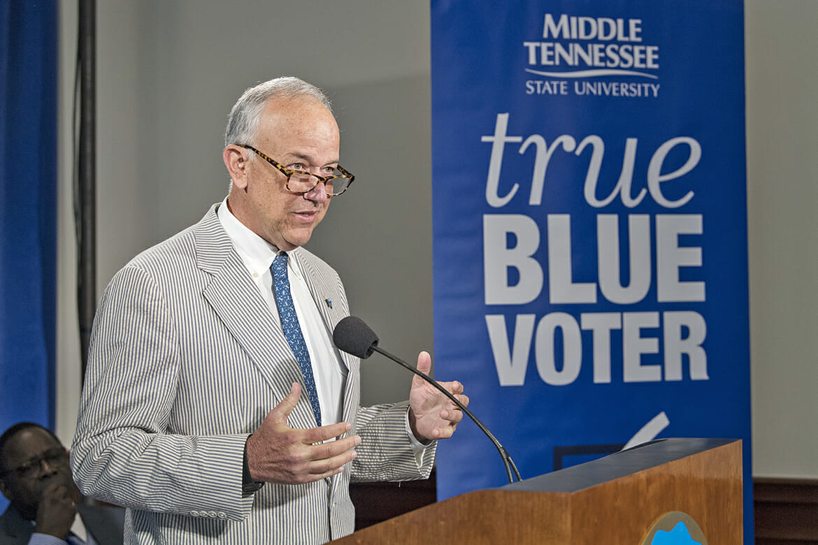 MTSU Board of Trustees Chairman Stephen Smith announces the launch of the “True Blue Voter Initiative” during a news conference Tuesday, June 12, at the Miller Education Center in Murfreesboro. (MTSU photo by Andy Heidt)
