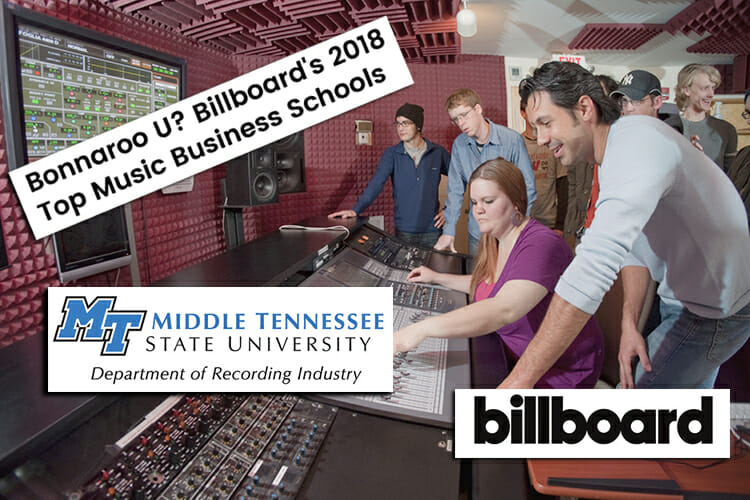Billboard 2018 top music business schools list info and logos plus Department of Recording Industry professor Matt Foglia works with students in his audio production class inside Ezell Studio D, one of the fully equipped music recording and production studios for students in MTSU’s College of Media and Entertainment. (MTSU file photo by Andy Heidt)