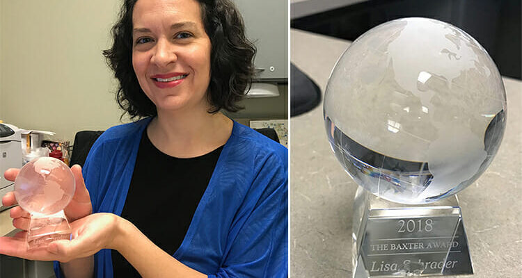 Lisa Schrader, director of MTSU Health Promotion, holds the Susanna L. Baxter Drug, Alcohol, and Violence Prevention in Higher Education Award she received earlier this year. The Coalition for Healthy and Safe Campus Communities presents the award every two years to a person in the state of Tennessee who, like Baxter, “has volunteered his or her time and energy to achieve positive results in the area of alcohol and other drug and violence prevention” at the collegiate level. (MTSU photo by KeWana McCallum)
