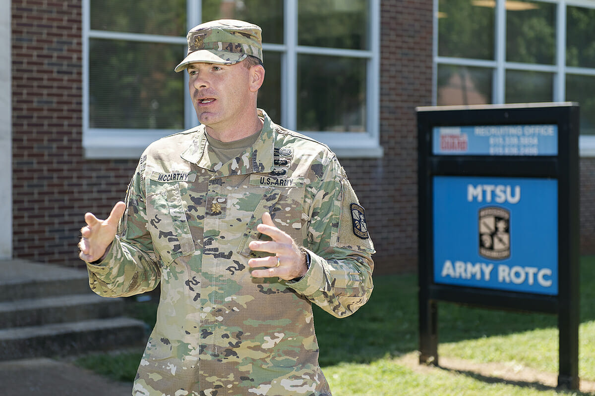 U.S. Army Maj. Carrick McCarthy, MTSU's new ROTC commander, tells the audience how much he, his staff and the cadets appreciate their presence at the Aug. 23 formal swearing-in ceremony outside Forrest Hall. (MTSU photo by Andy Heidt)