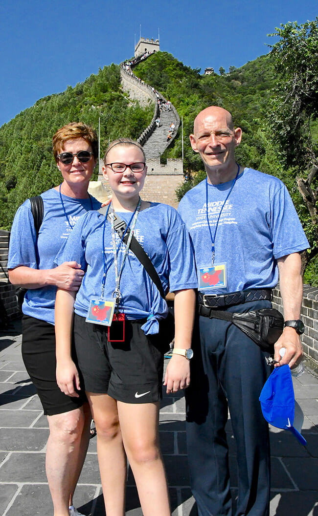 Alexis Huber and her mom Shelly and dad Keith are shown at a portion of The Great Wall of China at Juyongguan, near Beijing, in July. (MTSU photo by Andrew Oppmann)