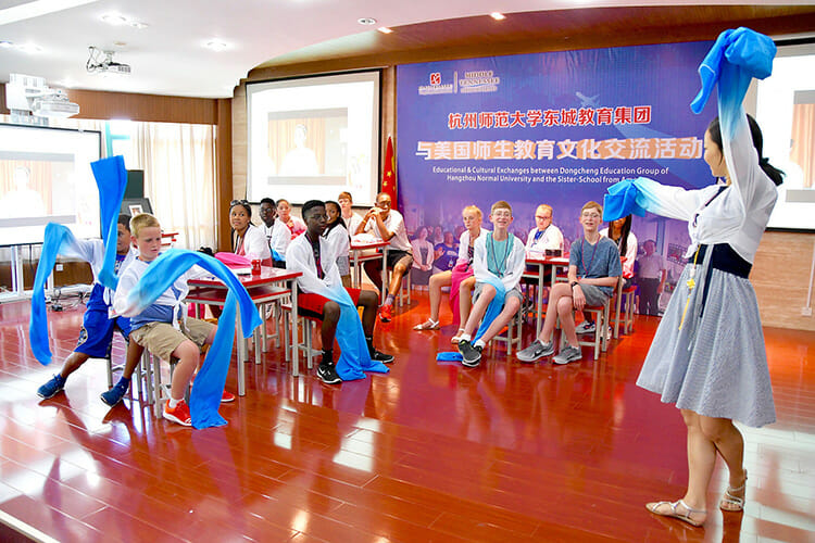 Schoolchildren taking part in MTSU’s delegation to China in July participate in a cultural classroom activity at a Dongcheng Educational Group magnet school in Hangzhou, China. (MTSU photo by Andrew Oppmann)