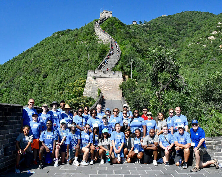 Members of the MTSU delegation to China gather before beginning their ascent on a portion of The Great Wall of China at Juyongguan, near Beijing, in July. (MTSU photo)