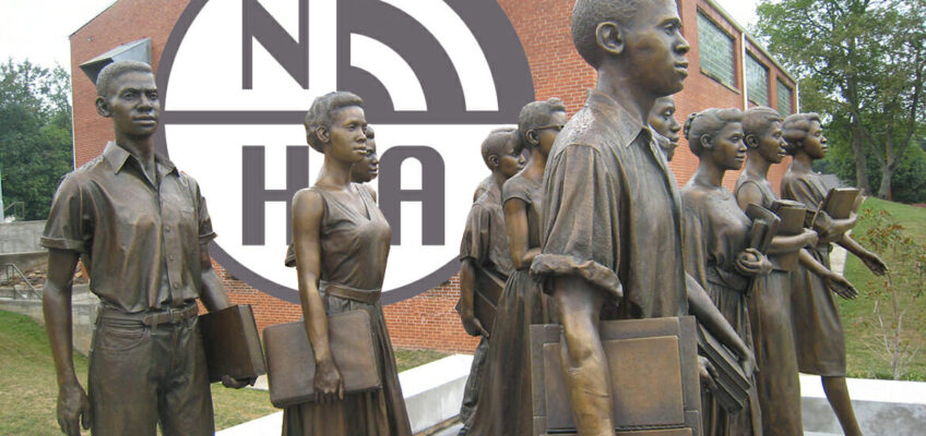 Larger-than-life bronze statues of the 12 Tennessee students who were the first African-Americans to be admitted to Clinton High School stand outside the Green McAdoo Cultural Center, formerly the Green McAdoo School, where the students gathered each day in September of 1956 to walk together to the previously segregated public high school. Clinton was the site of the first successful desegregation of a state-supported high school in the South after the landmark 1954 Brown v. Board of Education decision of the U.S. Supreme Court. The photo is part of "Southern Places," the Southern History Documentary Project collaboration between the Center for Historic Preservation at MTSU and the university’s James E. Walker Library. (MTSU photo by Carroll Van West)