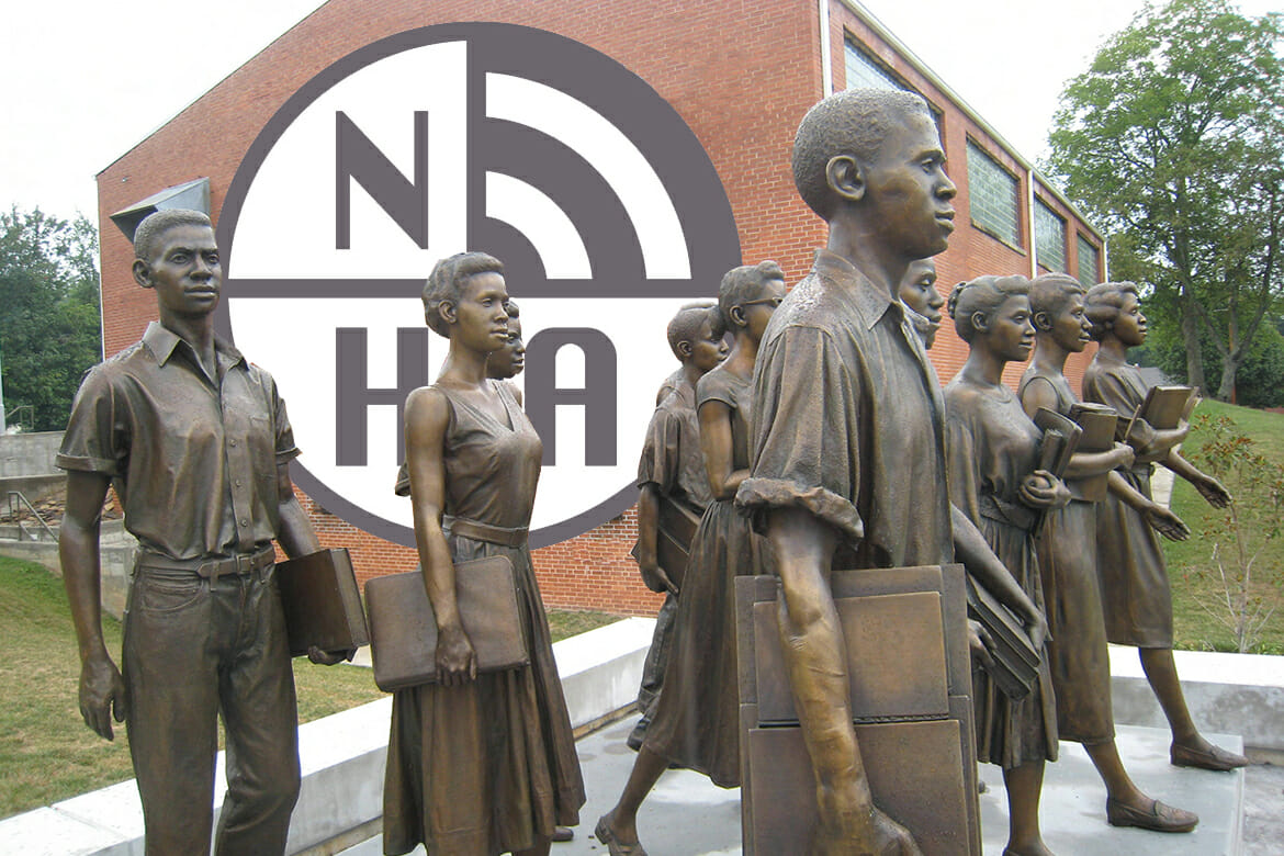 Larger-than-life bronze statues of the 12 Tennessee students who were the first African-Americans to be admitted to Clinton High School stand outside the Green McAdoo Cultural Center, formerly the Green McAdoo School, where the students gathered each day in September of 1956 to walk together to the previously segregated public high school. Clinton was the site of the first successful desegregation of a state-supported high school in the South after the landmark 1954 Brown v. Board of Education decision of the U.S. Supreme Court. The photo is part of 