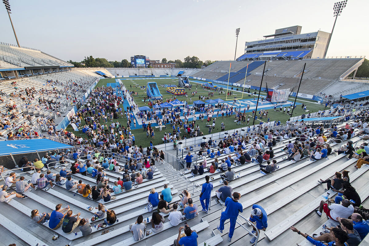 New and returning students enjoy fun and games in Floyd Stadium after Convocation