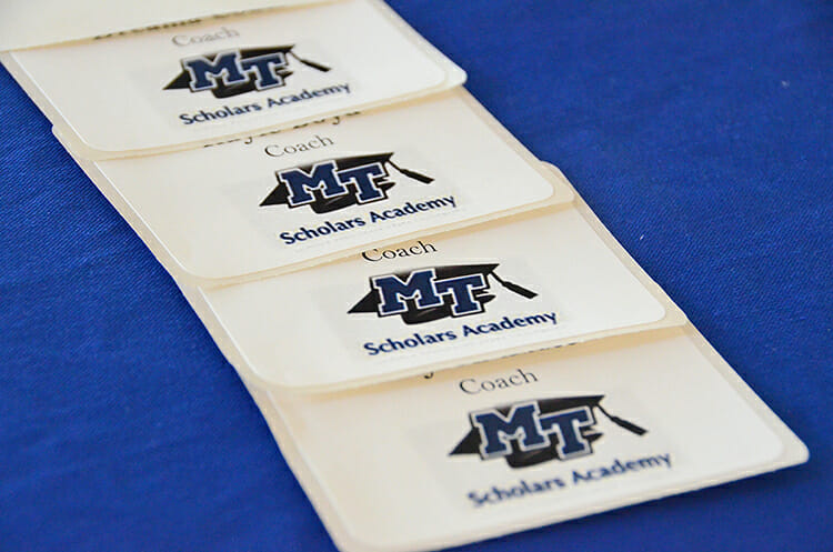 MTSU Scholars Academy badges await mentors during a training session Aug. 8 inside the Tom H. Jackson Building. (MTSU photo by K. Simpson)