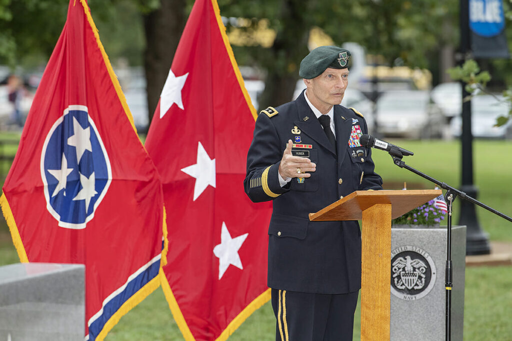 Keith M. Huber, retired U.S. Army Lt. General and senior adviser for MTSU veterans and leadership initiatives, addresses the crowd at a 9/11 Remembrance ceremony.