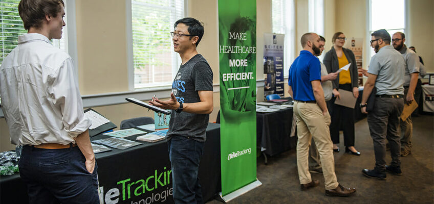 Nathanael Blankenship checks out the 2018 Engineering Technology Career Fair.