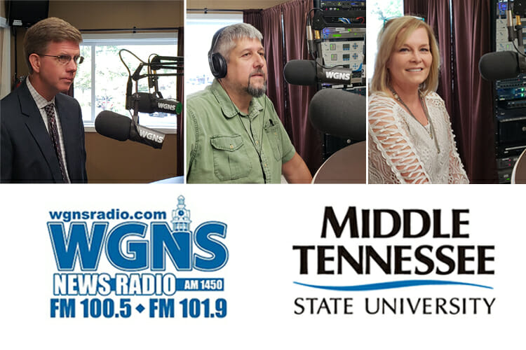 MTSU faculty and staff appeared on the Sept. 17 WGNS Radio “Action Line” program with host Bart Walker. Pictured, from left, are Dr. Steve Severn, new chair of the MTSU Department of English; Alan Brown, a lecturer in the Department of Geosciences and co-creator of the Earth Experience natural history museum; and Laura Buckner, an instructor in the Department of Marketing in the Jones College of Business. (MTSU photo illustration by Jimmy Hart)