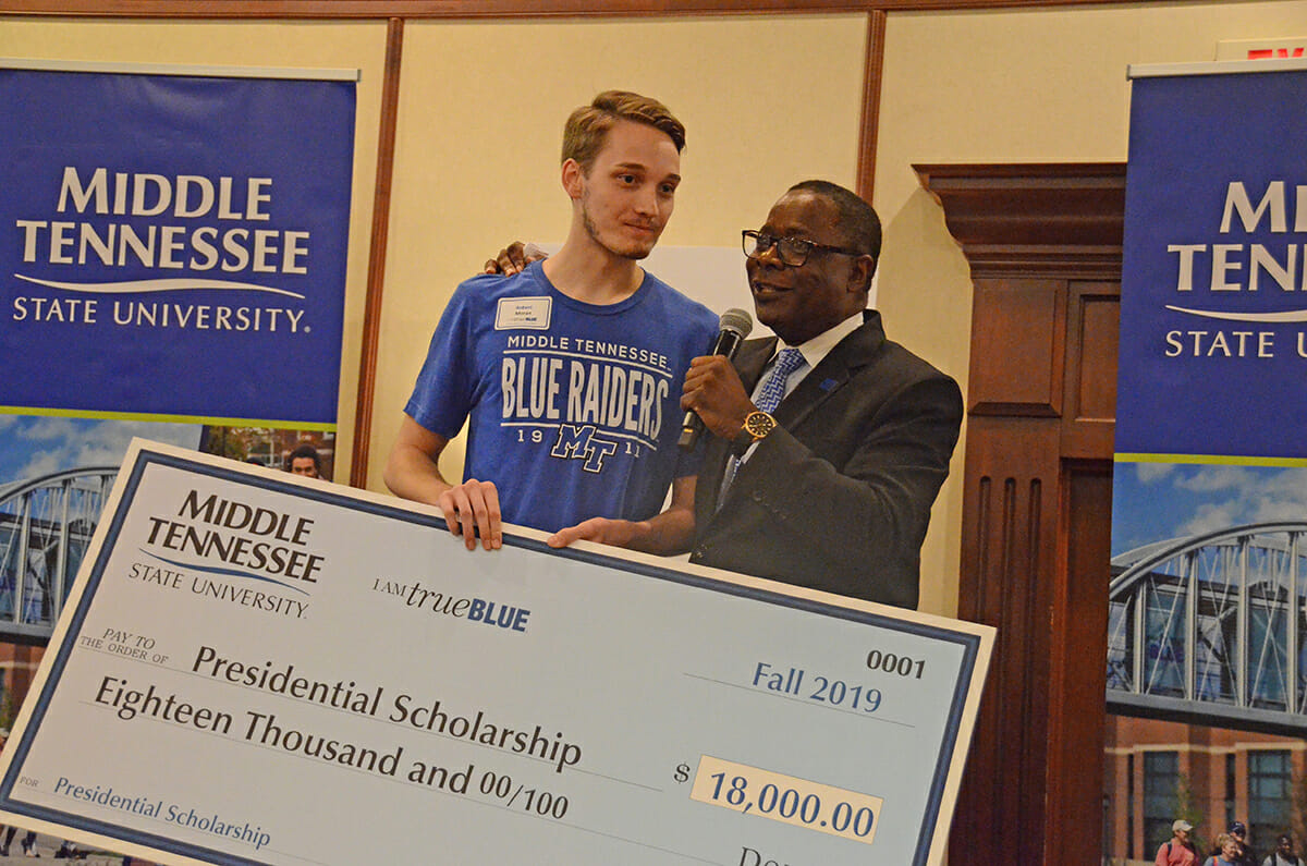 Presidential Scholarship recipient Robert Moran and MTSU President Sidney A. McPhee