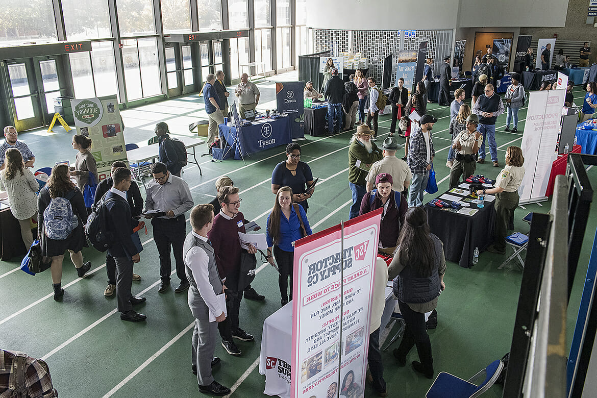 MTSU students and alumni make the rounds to visit more than 150 employers and graduate/professional schools on hand during the 2018 Fall Career Fair held Wednesday, Oct. 24, at Murphy Center. (MTSU photo by Andy Heidt)