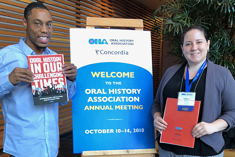 Jordan Alexander, left, a doctoral student in MTSU’s Public History Program, and Faith Bagley, Oral History Association program associate and graduate of the MTSU Public History Program (Master of Arts, 2017), are shown at Concordia University in Montreal, Quebec, in mid-October during the OHA annual meeting. (Submitted photo)