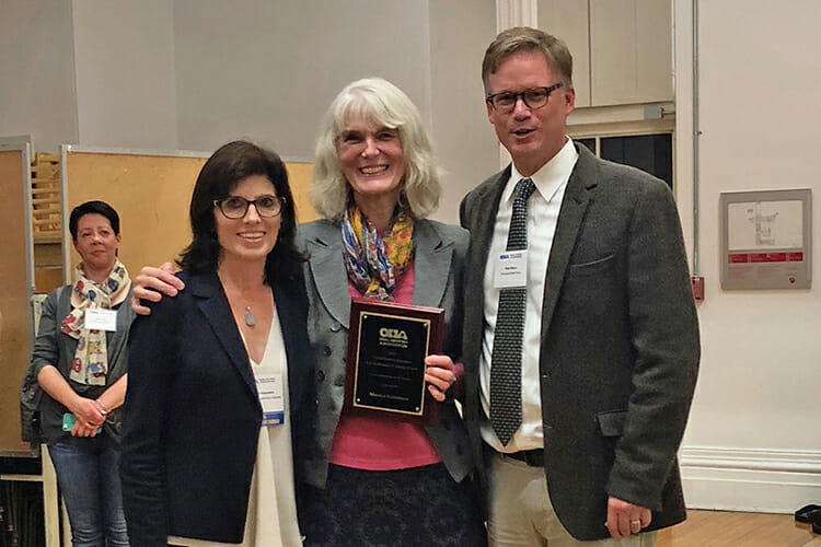 MTSU history professor Martha Norkunas, center, received the Post-Secondary Teaching Award during the Oral History Association annual meeting in mid-October at Concordia University, Montreal, Quebec. Pictured with her are Oral History Association President Todd Moye, right, and incoming OHA President Natalie Fousekis. (Submitted photo)