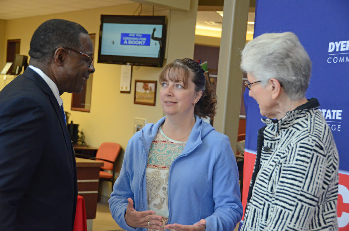 MTSU and Dyersburg State presidents visit with DSCC student Nov. 7.