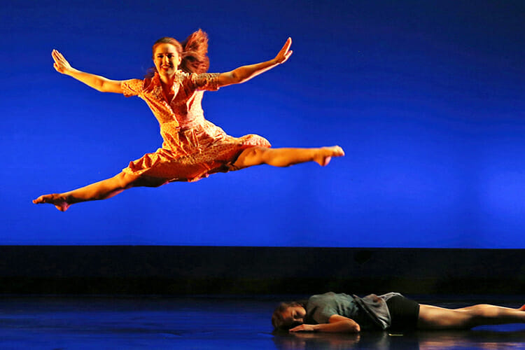 A student dancer displays her agility in the Spring 2018 Dance Concert at MTSU. The Fall 2018 Dance Concert event is slated for Nov. 29-Dec. 1 at Tucker Theatre. (Photo courtesy of Martin O’Connor)