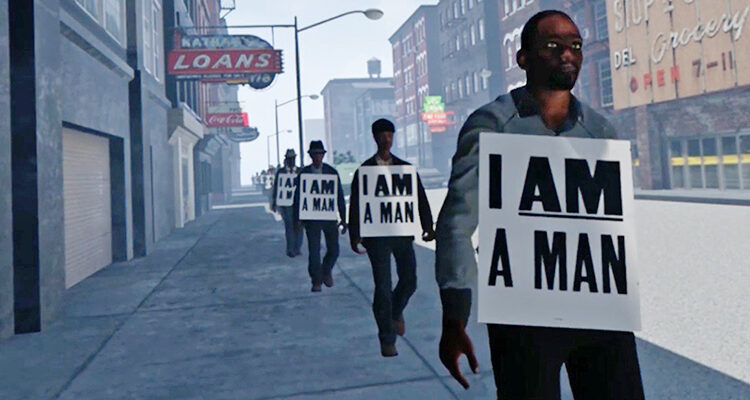 Protesters march down a Memphis street during the 1968 Memphis Sanitation Strike in this scene from the “I Am A Man” VR experience trailer, available for viewing in MTSU’s James E. Walker Library Makerspace through Friday, March 1. (Image courtesy of IAMaManVR.com)